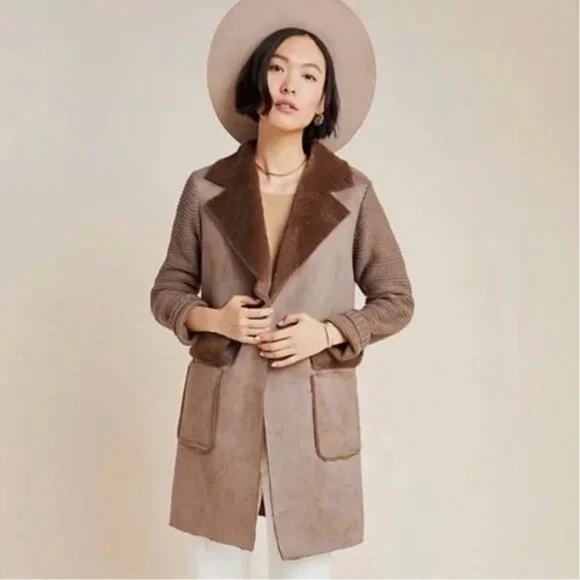 Anthropologie Brown Piper Open Front Faux Fur Trim Ribbed Sweater Coat - Size XS - Picture 2 of 11